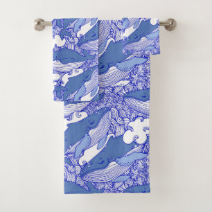 Conjunto De Toalhas Baleia-jubarte monocromática azul