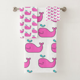 Conjunto De Toalhas Baleias-rosa e aqua-brancas
