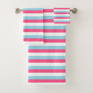 Conjunto De Toalhas Bandas de cor rosa quente, brancas e azuis pastel