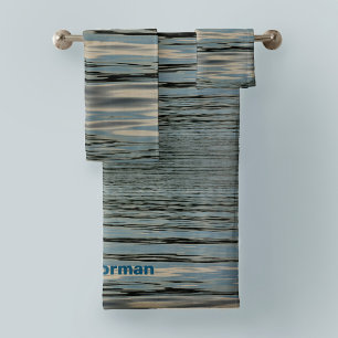 Conjunto De Toalhas Bandas de Ondas de Beige Azul