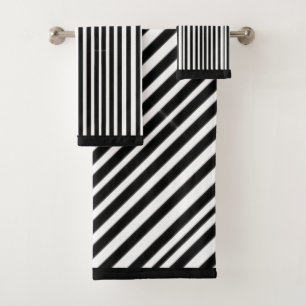 Conjunto De Toalhas Bandas Diagonais Pretas Brancas