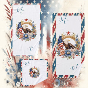 Conjunto De Toalhas Bandeira Americana Bald Eagle e Stripes Monograma
