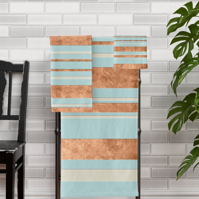 Conjunto De Toalhas Bandeja de cobre Robins Bandeja Azul de Ovo (A stylish copper stripe bath towel set with robin egg blue and cream accents)