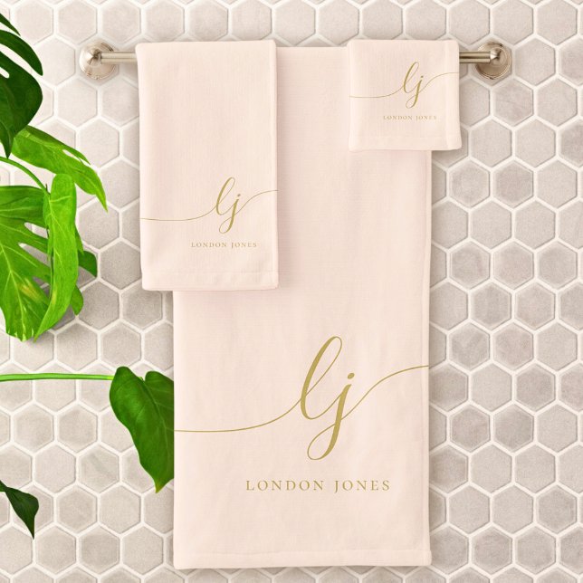 Conjunto De Toalhas Banheira Dourada Mínima de Blush Elegante Monogram (Criador carregado)