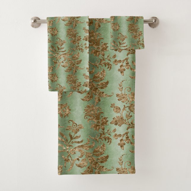 Conjunto De Toalhas Banheiro Elegante Verde Faux Dourado Velvet (Insitu)