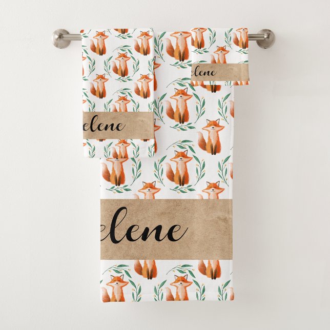 Conjunto De Toalhas Banheiro florestal de raposa fofa personalizado (Criador carregado)