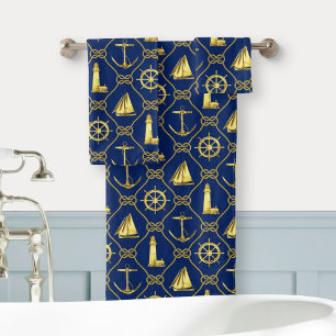 Conjunto De Toalhas Banhroom Náutico Decoração Dourada Marinho Anchor