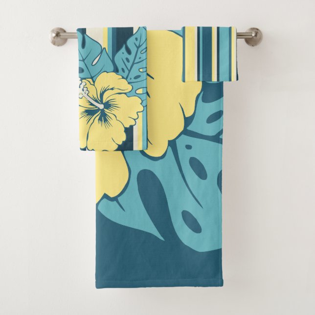 Conjunto De Toalhas Banzai Beach Hawaiian Hibiscus Floral and Stripe (Insitu)