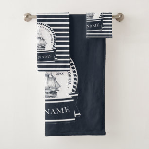 Conjunto De Toalhas Barco Personalizado Náutico Azul Marinho Moderno