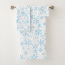 Bath Towels Blue Snowflakes Falling On White