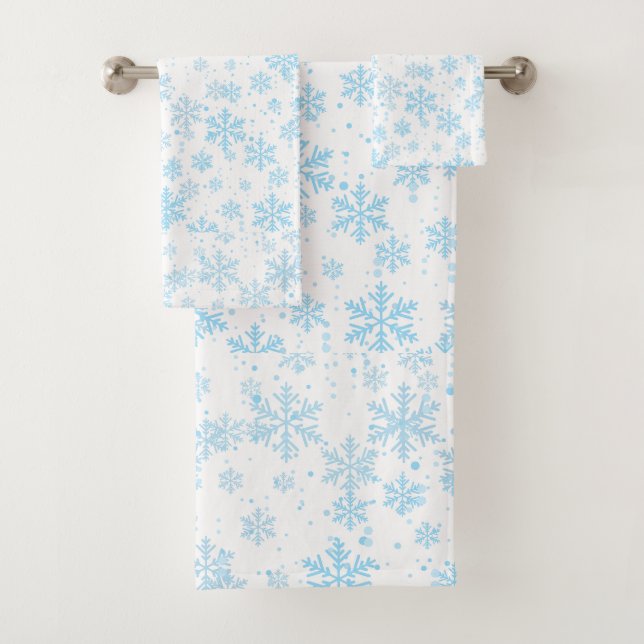 Conjunto De Toalhas Bath Towels Blue Snowflakes Falling On White (Insitu)