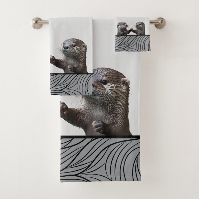 Conjunto De Toalhas Bath Wild Animals Weasels  -  Baby Otters Towels (Insitu)