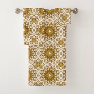 Conjunto De Toalhas Batik Mandala, Padrão de Mostarda Dourada e Creme