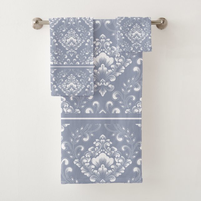 Conjunto De Toalhas Beautiful dblue gray and white floral pattern bath (Insitu)