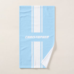 Conjunto De Toalhas Bebê Blue White Racing Stripes Monograma Crianças