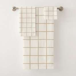 Conjunto De Toalhas Bege Claro Xadrez em Grade Minimalista Neutro