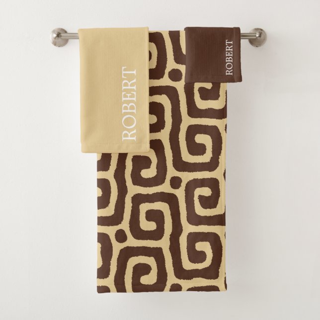 Conjunto De Toalhas  Beige &Brown Abstract Pattern Custom Name (Insitu)