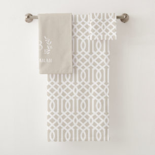 Conjunto De Toalhas Beige Trellis e Branch Monograma Farmhouse