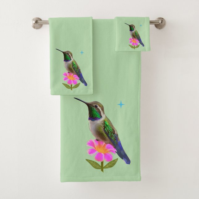 Conjunto De Toalhas Beija-flor e Flor Modernos em Verde Sage Claro (Insitu)