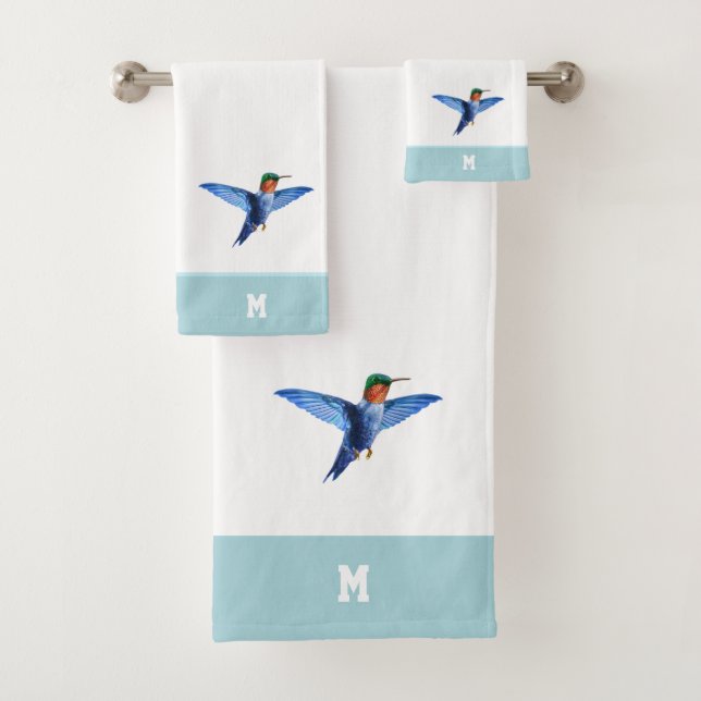 Conjunto De Toalhas Beija-flor & Monograma em Azul Claro & Branco (Insitu)
