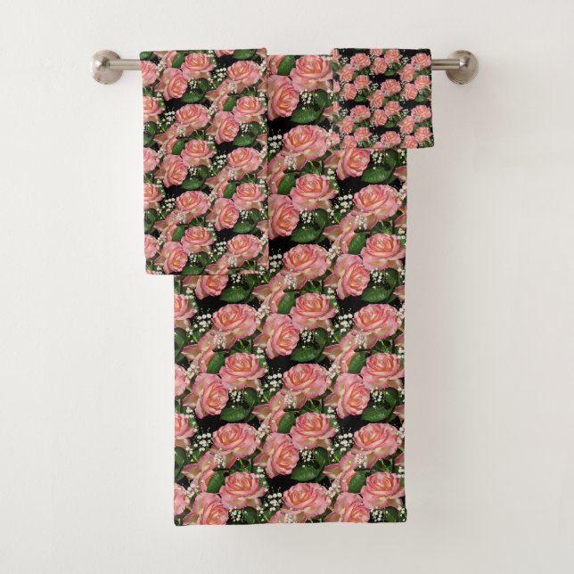 Conjunto De Toalhas Belas Flores Cor-de-Rosa no Preto (Insitu)