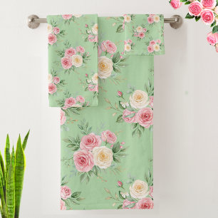 Conjunto De Toalhas Belas Flores em Cor Pastel sobre Verde Pálido
