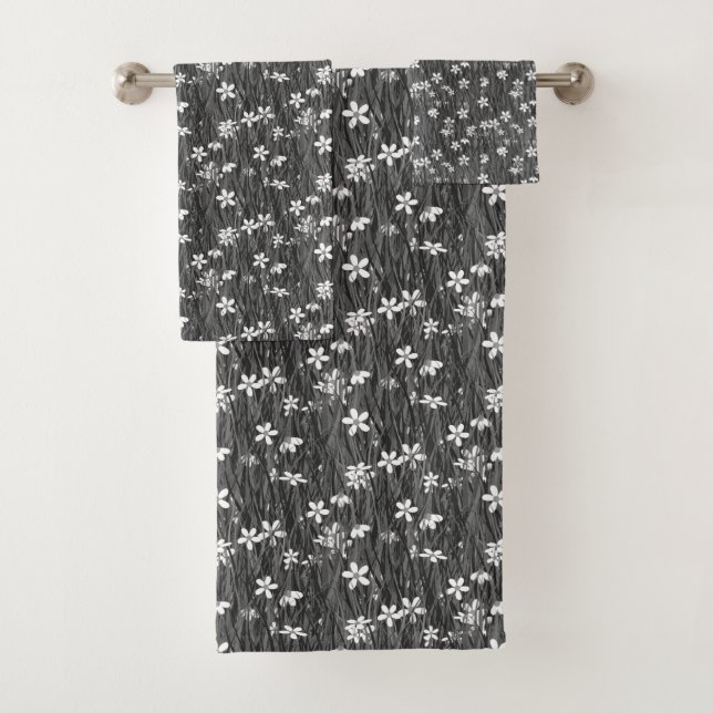 Conjunto De Toalhas Belas Flores em Folhas de Plantas em Tons Cinzas (Insitu)