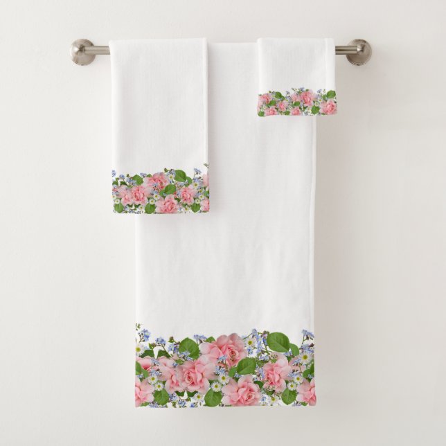 Conjunto De Toalhas Belas Flores Rosa sobre Branco (Insitu)