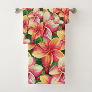 Conjunto De Toalhas Belas Flores Rosa Tropical em Verde Floresta