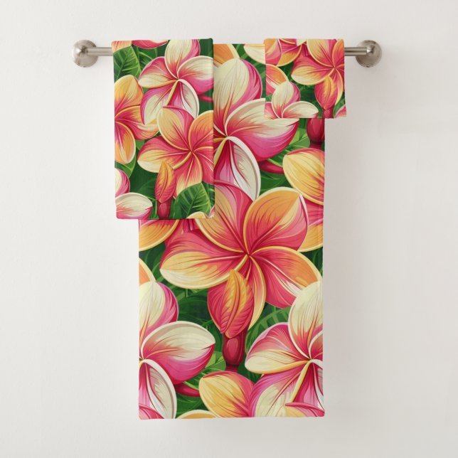 Conjunto De Toalhas Belas Flores Rosa Tropical em Verde Floresta (Insitu)
