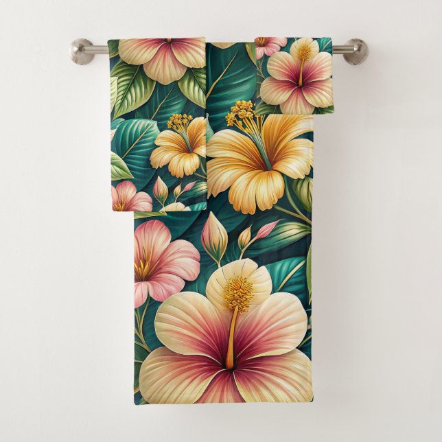 CONJUNTO DE TOALHAS BELAS GRANDES FLORES TROPICAIS DE HIBISCO (Insitu)