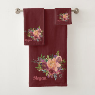 Conjunto De Toalhas Belo Buquê Floral Rústico Vermelho Borgonha