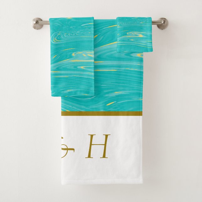 Conjunto De Toalhas Belo e elegante Monogramas azuis de Marble Moderno (Insitu)