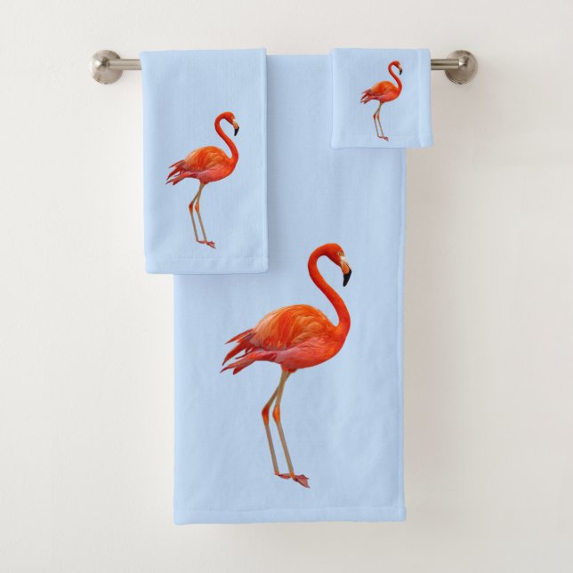 Conjunto De Toalhas Belo Flamingo Rosa em Azul Claro (Insitu)