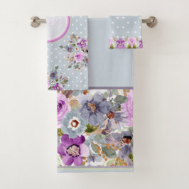 Conjunto De Toalhas Belo ouro roxo floral na bolinhas das cinzas