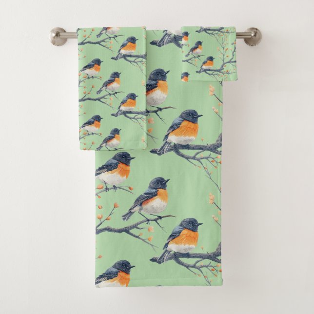 Conjunto De Toalhas Belo Padrão de Pássaros em Azul Claro (Insitu)
