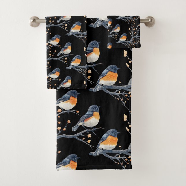 Conjunto De Toalhas Belo Padrão de Pássaros em Preto (Insitu)