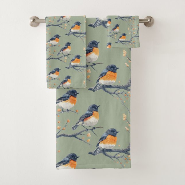 Conjunto De Toalhas Belo Padrão de Pássaros em Verde Sage (Insitu)