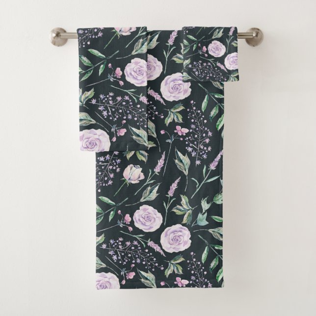 Conjunto De Toalhas Belo Padrão Floral de Lavanda Negra (Insitu)