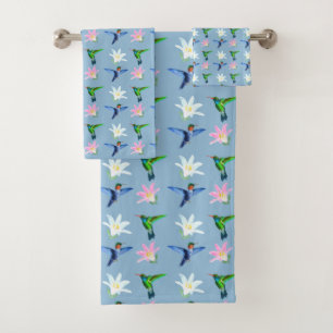 Conjunto De Toalhas Belos Beija-flores & Flores em Azul Claro