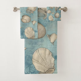 Conjunto De Toalhas Belos Conchas Vintage em Azul