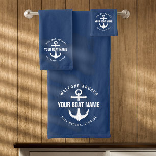 Conjunto De Toalhas Bem-vindo a Bordo Barco Azul Marinho Âncora