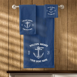 Conjunto De Toalhas Bem-vindo a bordo nome do barco azul marinho perso