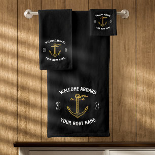 Conjunto De Toalhas Bem-vindo a bordo nome do barco personalizado pret