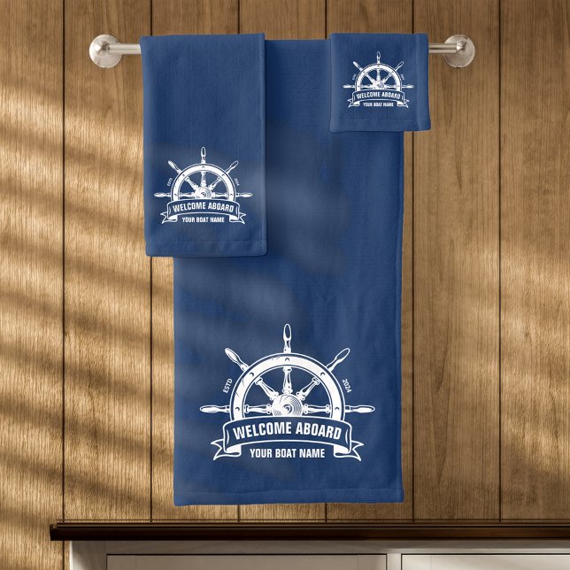 Conjunto De Toalhas Bem-vindo a bordo Roda de Navio Náutico Azul Perso (Criador carregado)