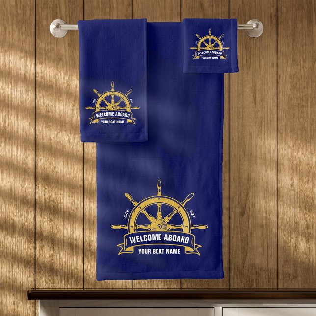 Conjunto De Toalhas Bem-vindo a bordo Roda de Navio Náutico Azul Perso (Criador carregado)