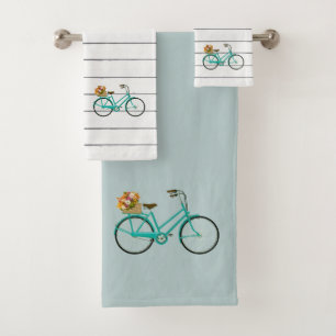 Conjunto De Toalhas Bicicleta Vintage com Flores Torquoise Set