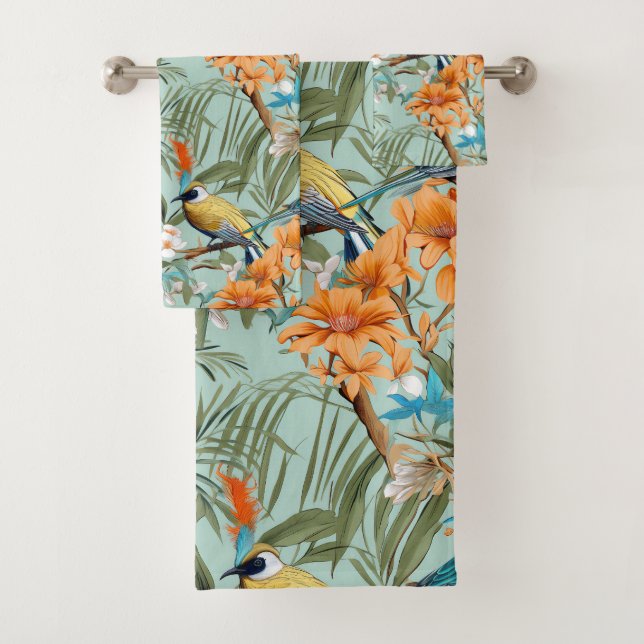Conjunto De Toalhas Birds Chinoiserie Mint Orange (Insitu)
