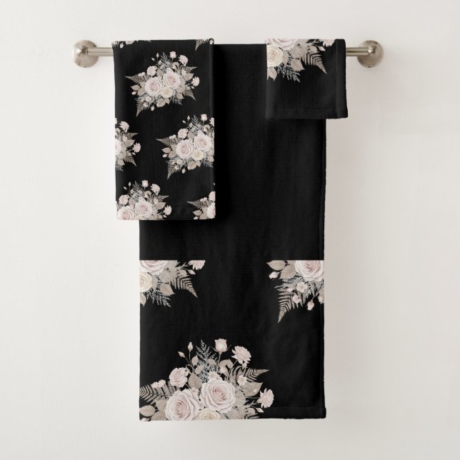 Conjunto De Toalhas Black and pink flowers modern decorative bathroom  (Insitu)