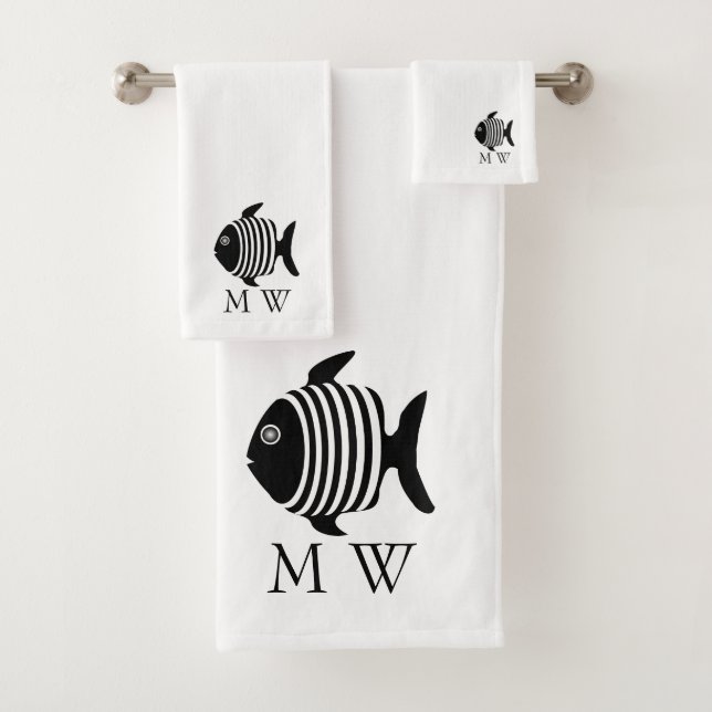 Conjunto De Toalhas Black And White Angel Fish Design Monogrammed (Insitu)